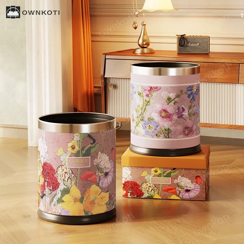 Oil Painting Style Floral Leather Trash Bin