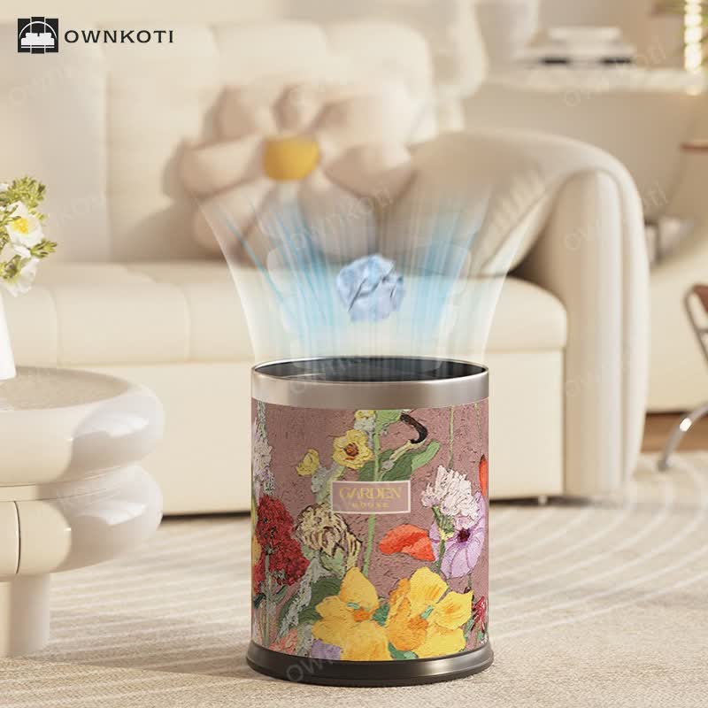 Oil Painting Style Floral Leather Trash Bin