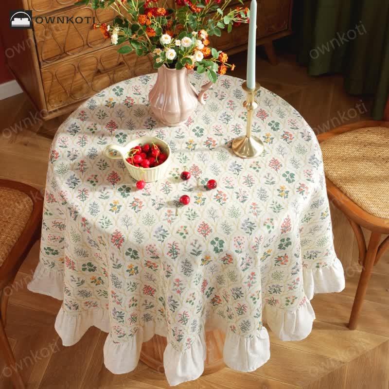 Pastoral Style Green Plant Print Round Ruffled Tablecloth