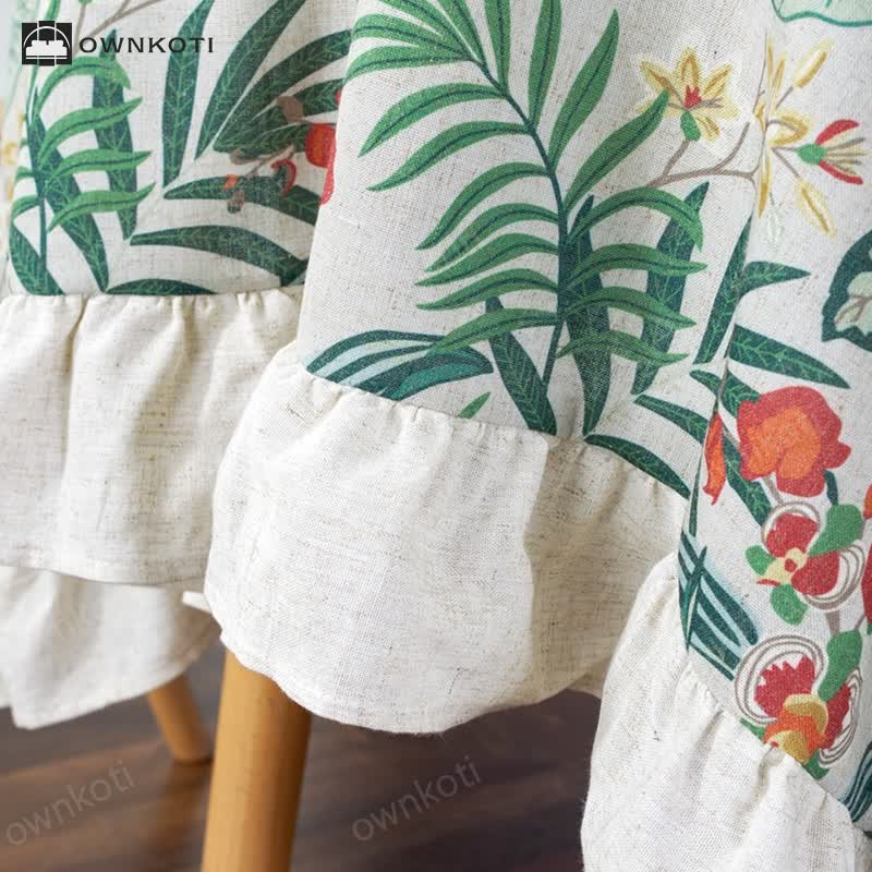 Pastoral Style Green Plant Print Round Ruffled Tablecloth