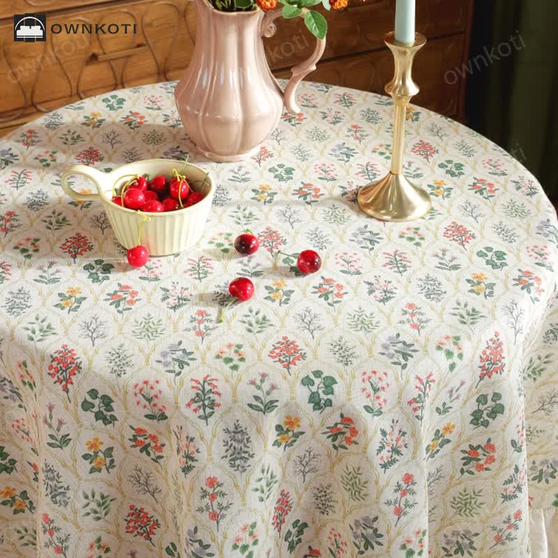 Pastoral Style Green Plant Print Round Ruffled Tablecloth