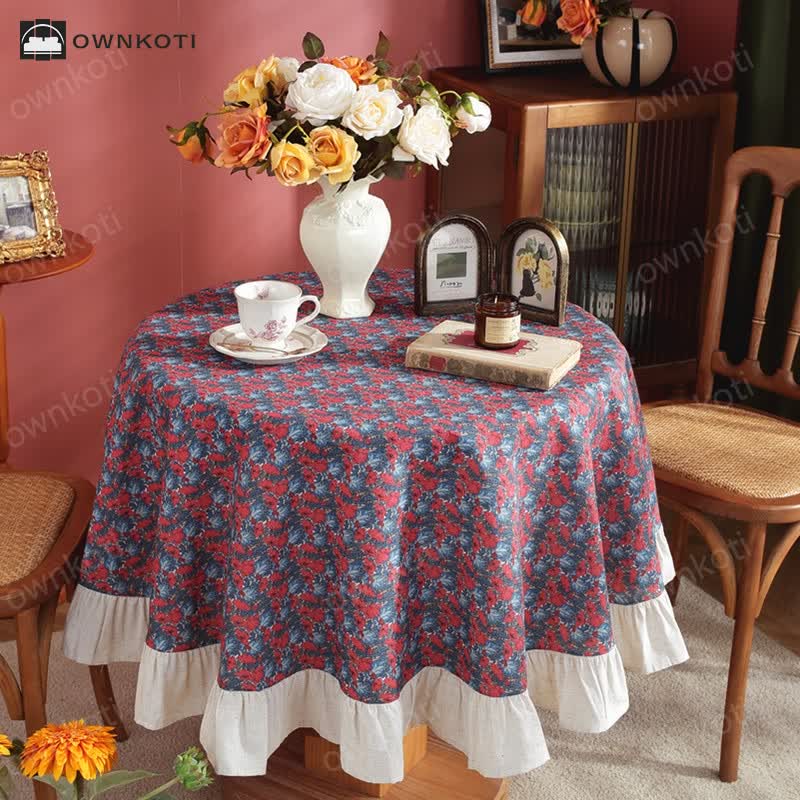 Pastoral Style Green Plant Print Round Ruffled Tablecloth