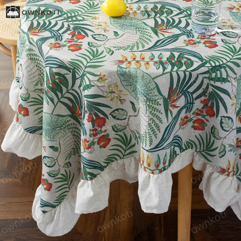 Pastoral Style Green Plant Print Round Ruffled Tablecloth
