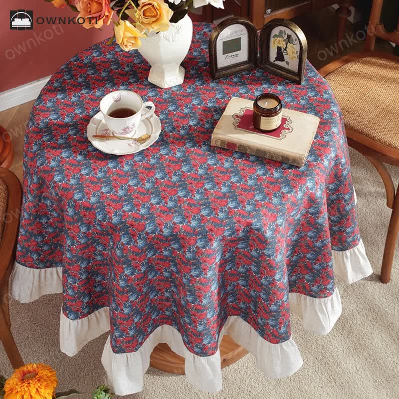 Pastoral Style Green Plant Print Round Ruffled Tablecloth