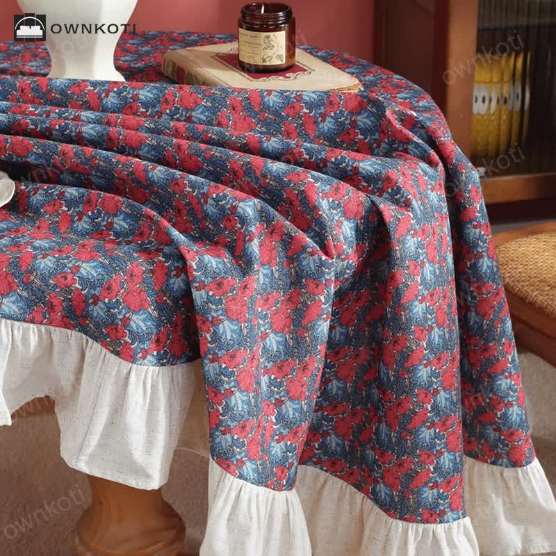 Pastoral Style Green Plant Print Round Ruffled Tablecloth
