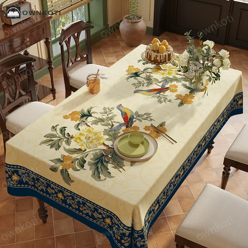 Vintage Luxury Flower Vine Bird Chenille Tablecloth