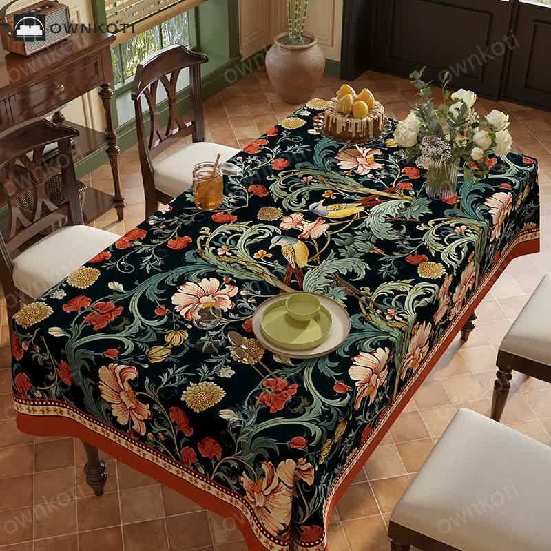 Vintage Luxury Flower Vine Bird Chenille Tablecloth