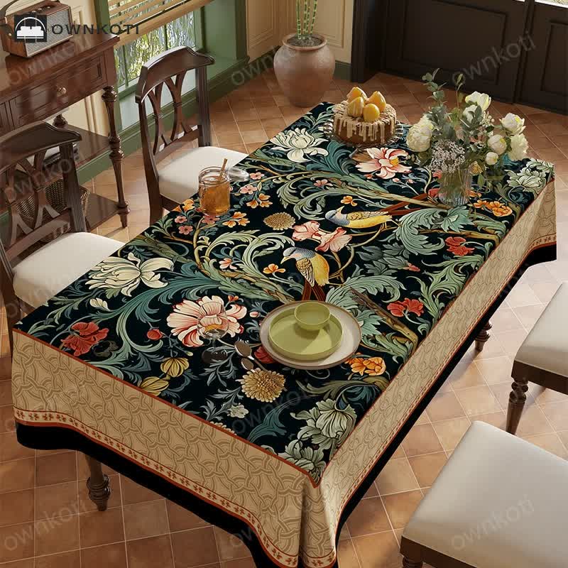 Vintage Luxury Flower Vine Bird Chenille Tablecloth