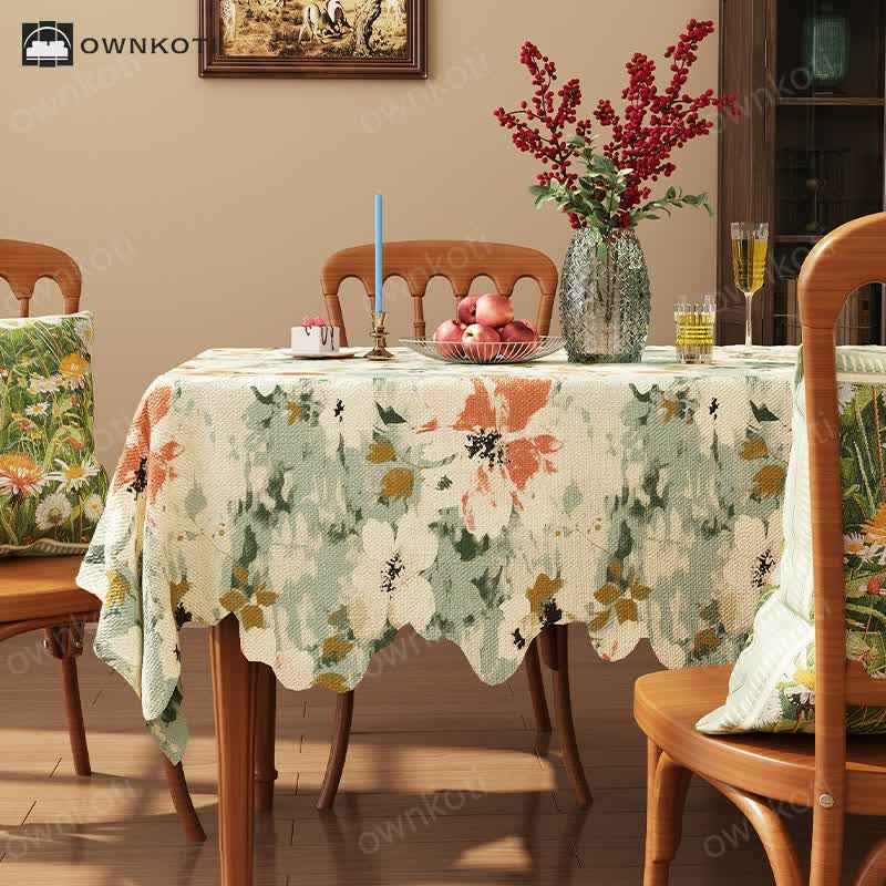 Oil Painting Style Floral Jacquard Wavy Edge Tablecloth