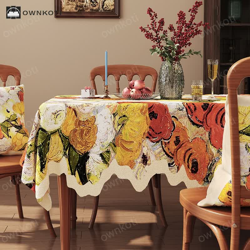 Oil Painting Style Floral Jacquard Wavy Edge Tablecloth
