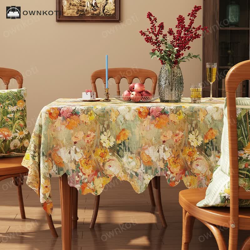 Oil Painting Style Floral Jacquard Wavy Edge Tablecloth