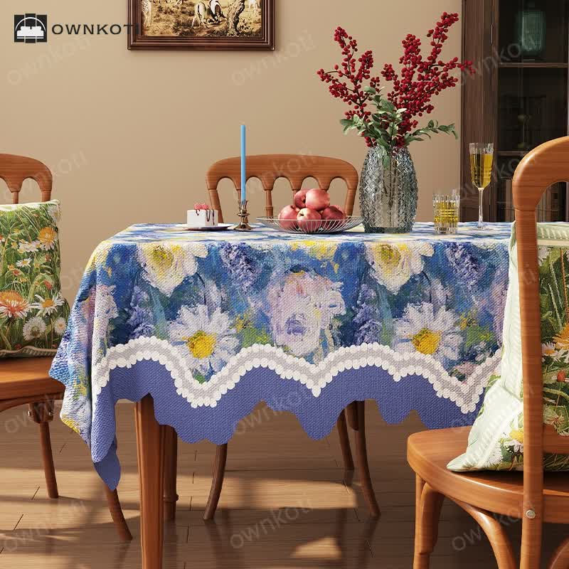 Oil Painting Style Floral Jacquard Wavy Edge Tablecloth