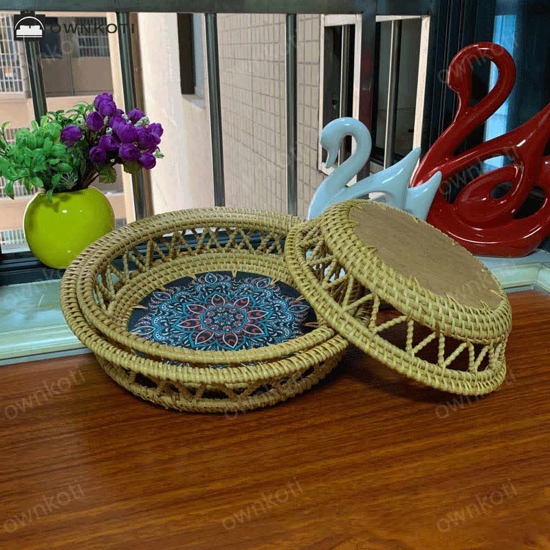 Boho Rattan Hand-painted Printed Fruit Basket Storage Basket