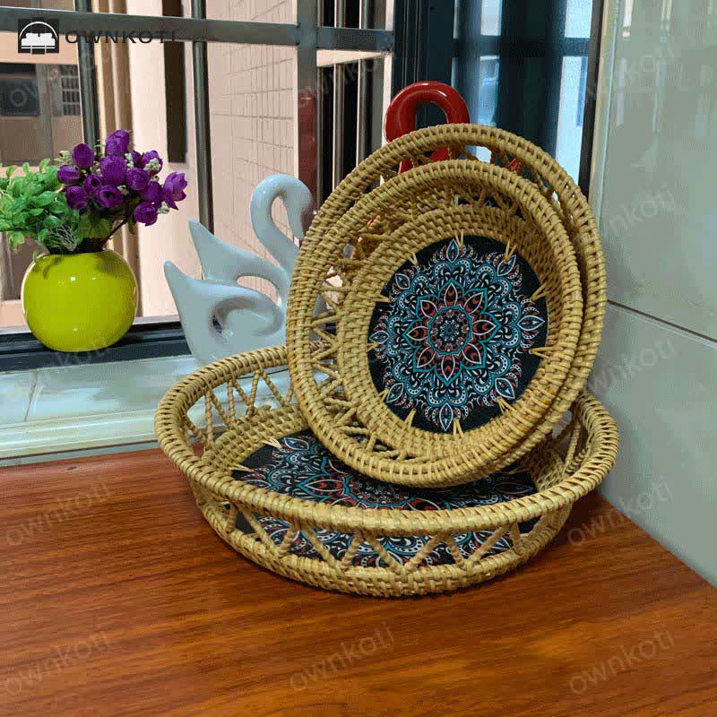 Boho Rattan Hand-painted Printed Fruit Basket Storage Basket