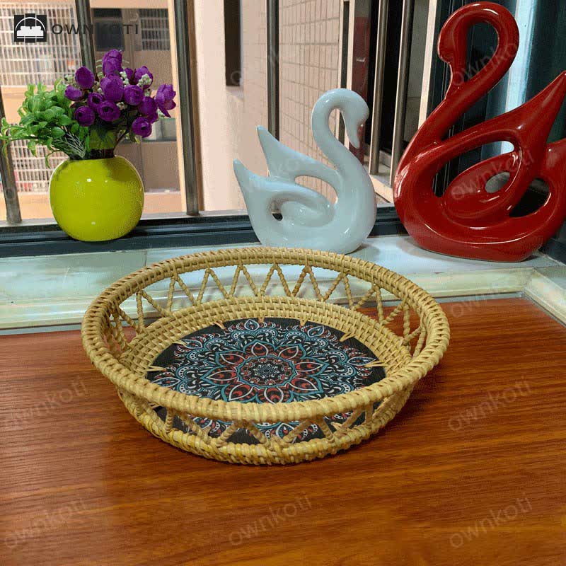 Boho Rattan Hand-painted Printed Fruit Basket Storage Basket