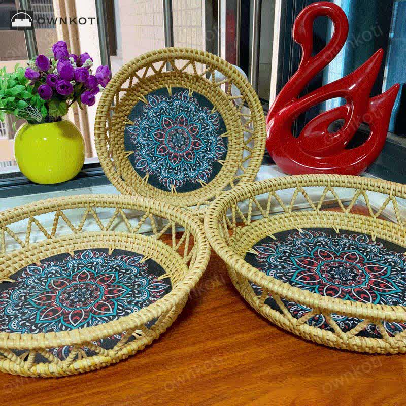 Boho Rattan Hand-painted Printed Fruit Basket Storage Basket