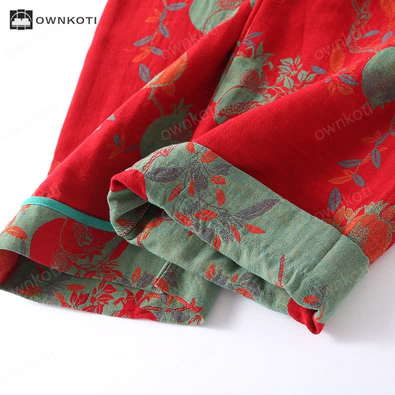 Frog Closure Floral Cotton Gauze Nightwear Set
