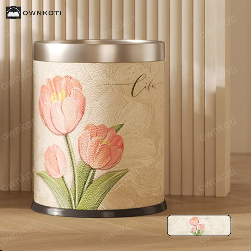 Double Layer Floral Leather Trash Bin