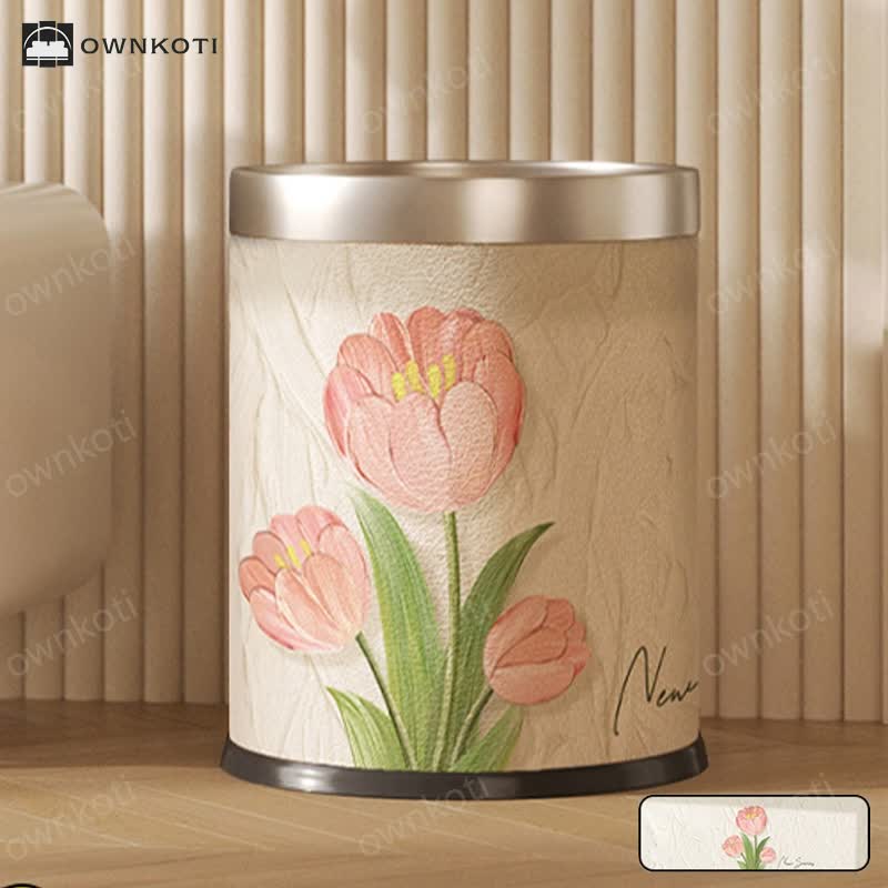 Double Layer Floral Leather Trash Bin
