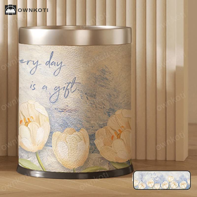 Double Layer Floral Leather Trash Bin