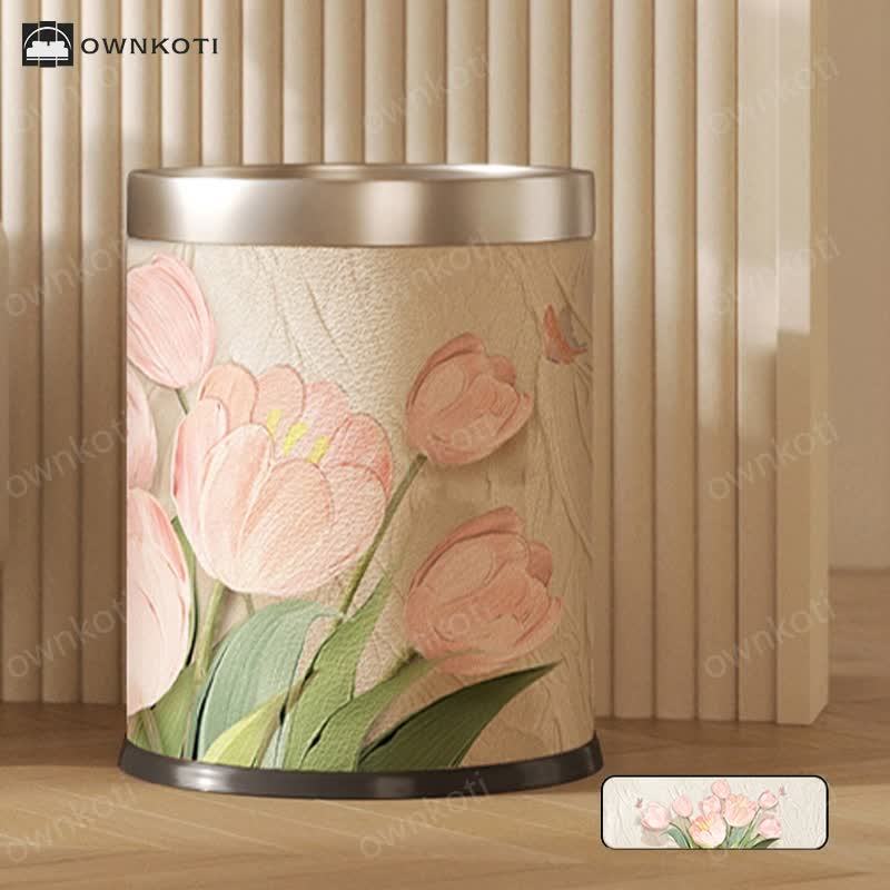 Double Layer Floral Leather Trash Bin