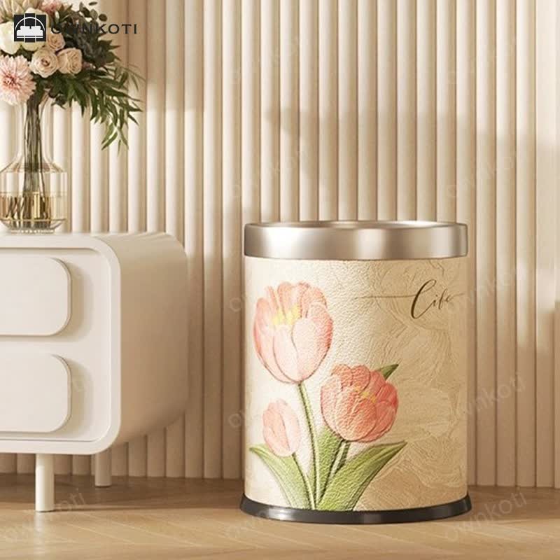 Double Layer Floral Leather Trash Bin