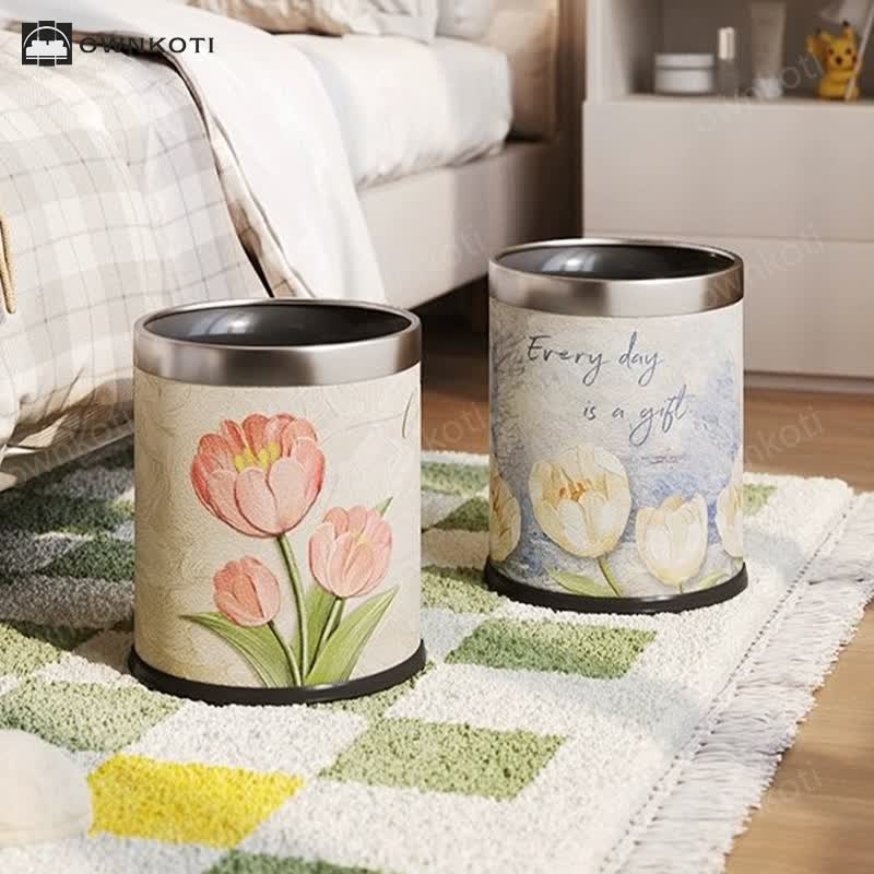 Double Layer Floral Leather Trash Bin