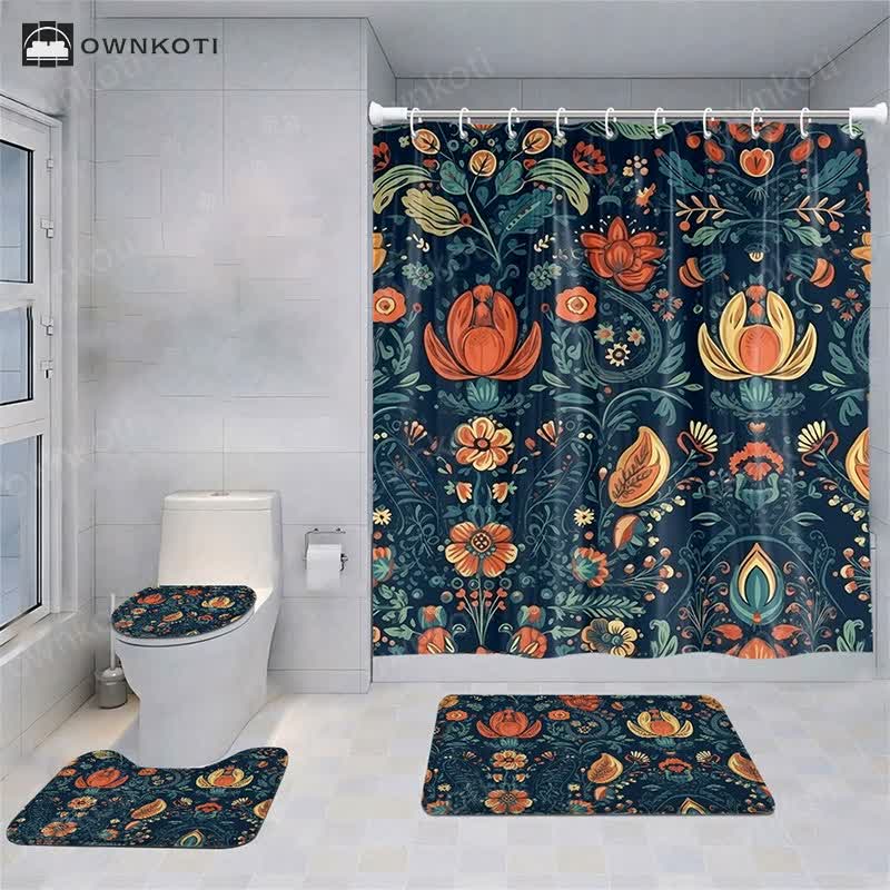Fresh Plant Flower Waterproof Shower Curtain Mat Set