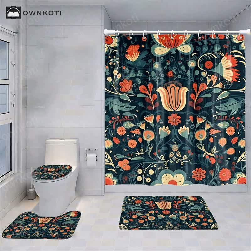 Fresh Plant Flower Waterproof Shower Curtain Mat Set