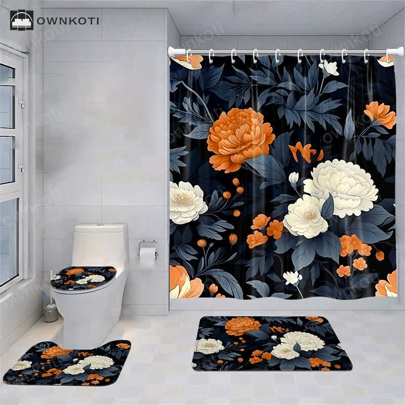 Fresh Plant Flower Waterproof Shower Curtain Mat Set