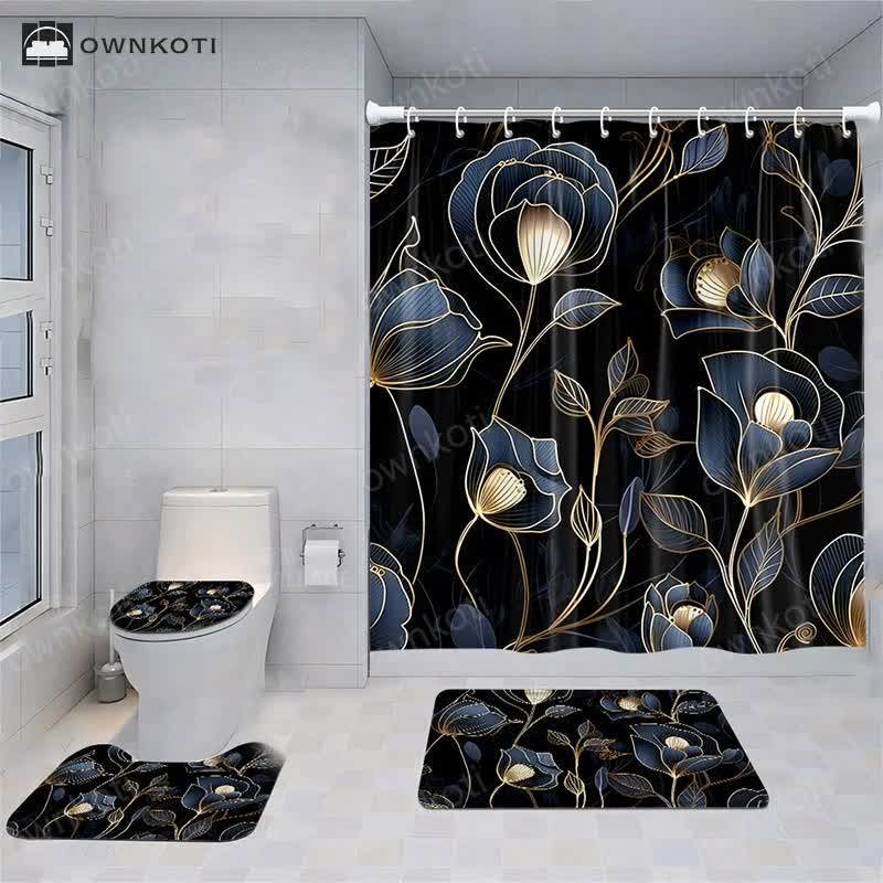 Fresh Plant Flower Waterproof Shower Curtain Mat Set