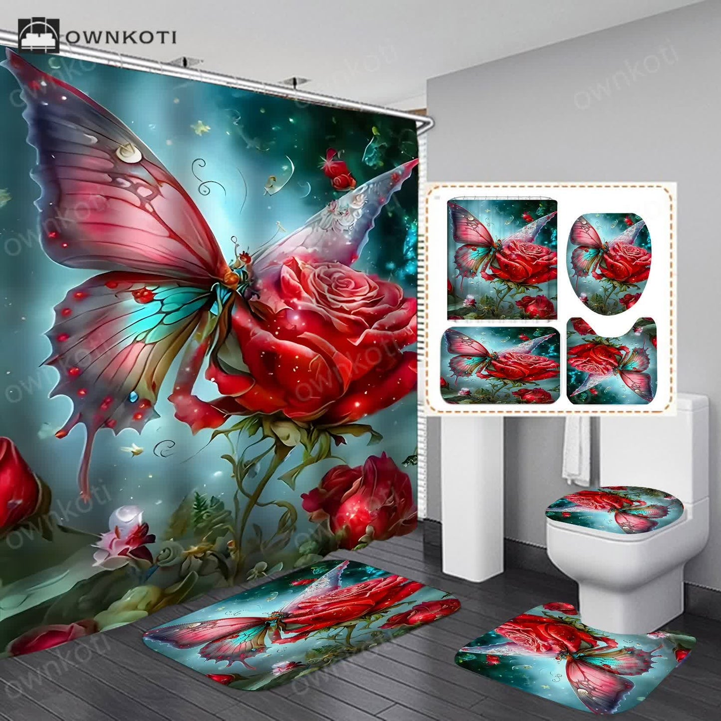 Floral Butterfly Waterproof Shower Curtain