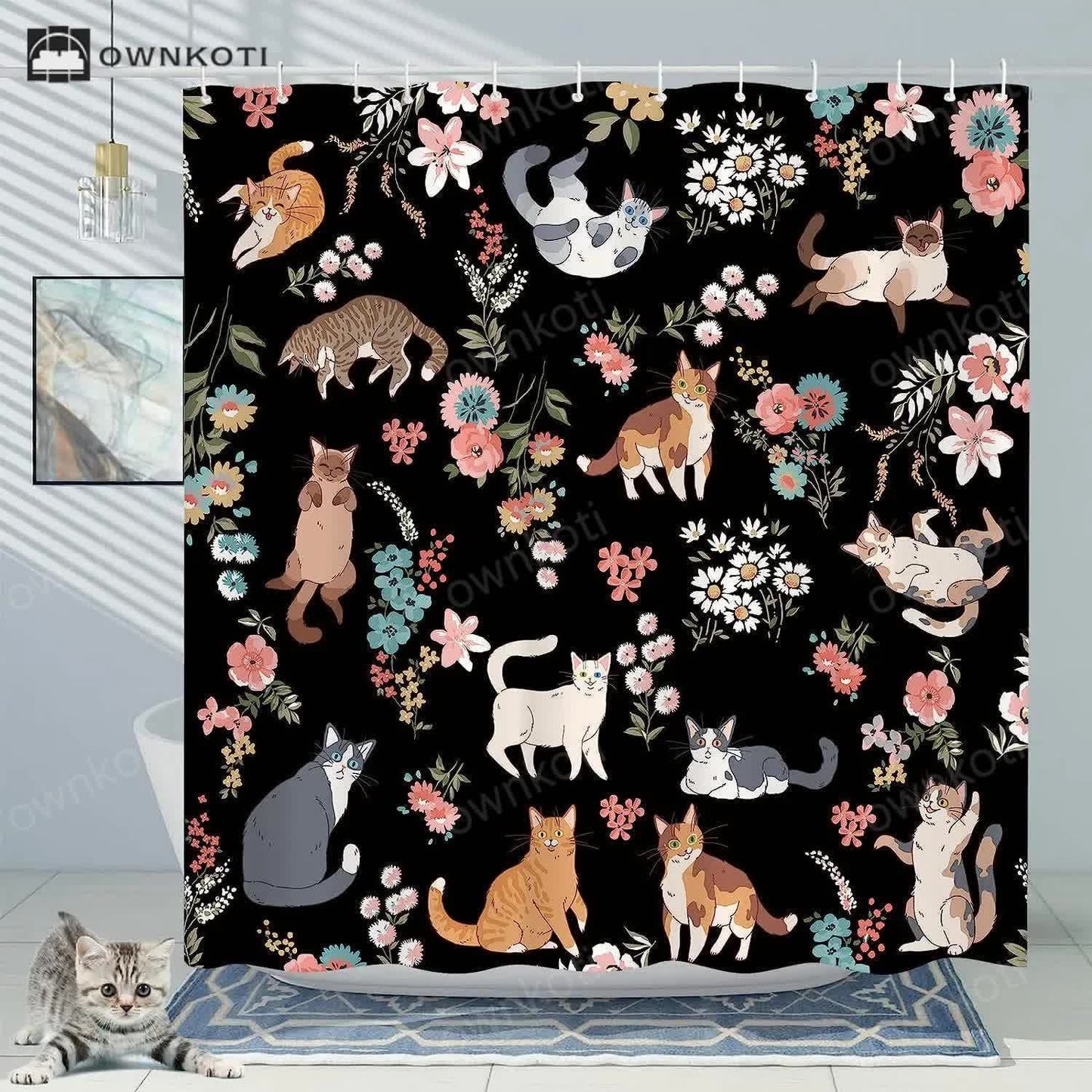 Floral Cute Cat Anti-mildew Shower Curtain