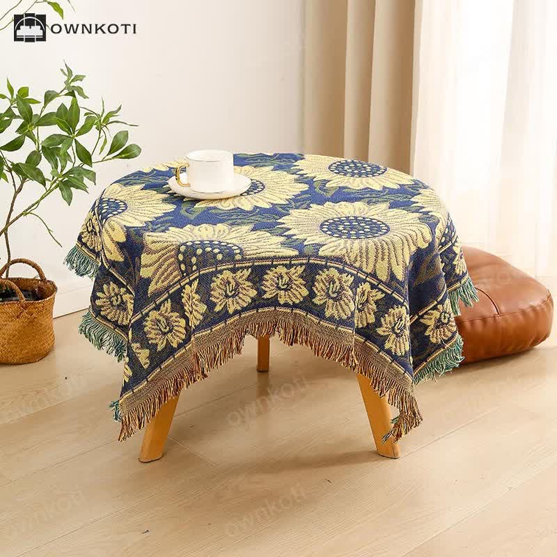 Vintage Jacquard Gerbera Blue Sunflower Tablecloth