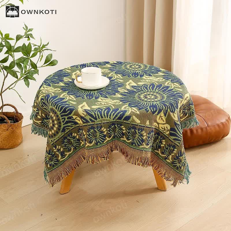 Vintage Jacquard Gerbera Blue Sunflower Tablecloth
