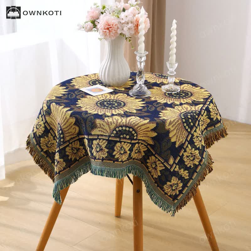 Vintage Jacquard Gerbera Blue Sunflower Tablecloth
