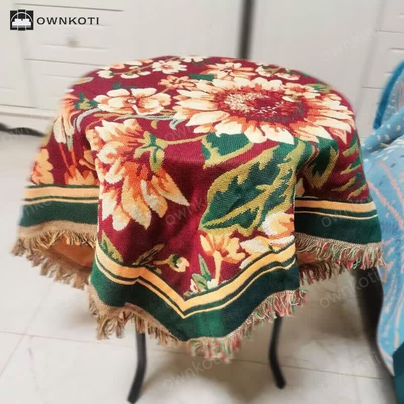 Vintage Jacquard Gerbera Blue Sunflower Tablecloth
