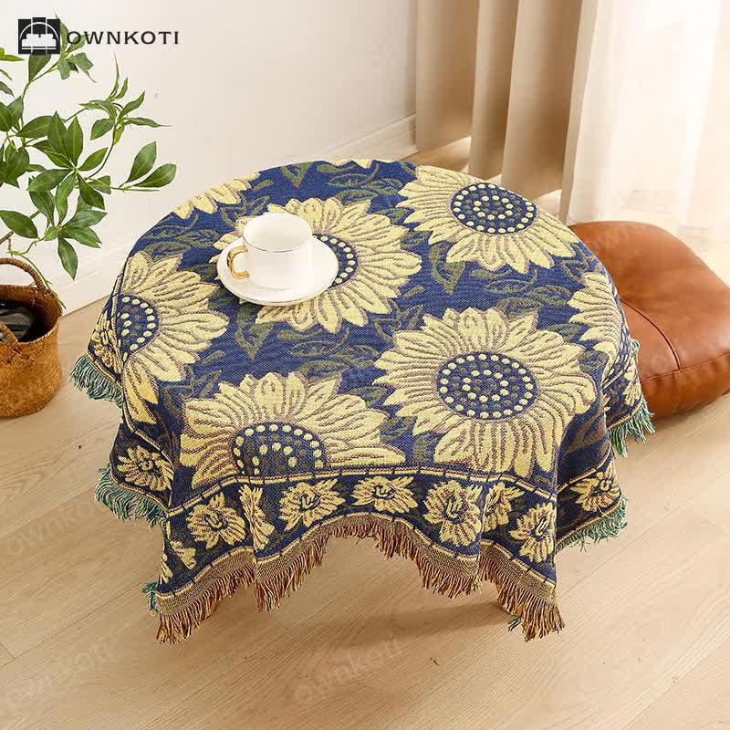 Vintage Jacquard Gerbera Blue Sunflower Tablecloth