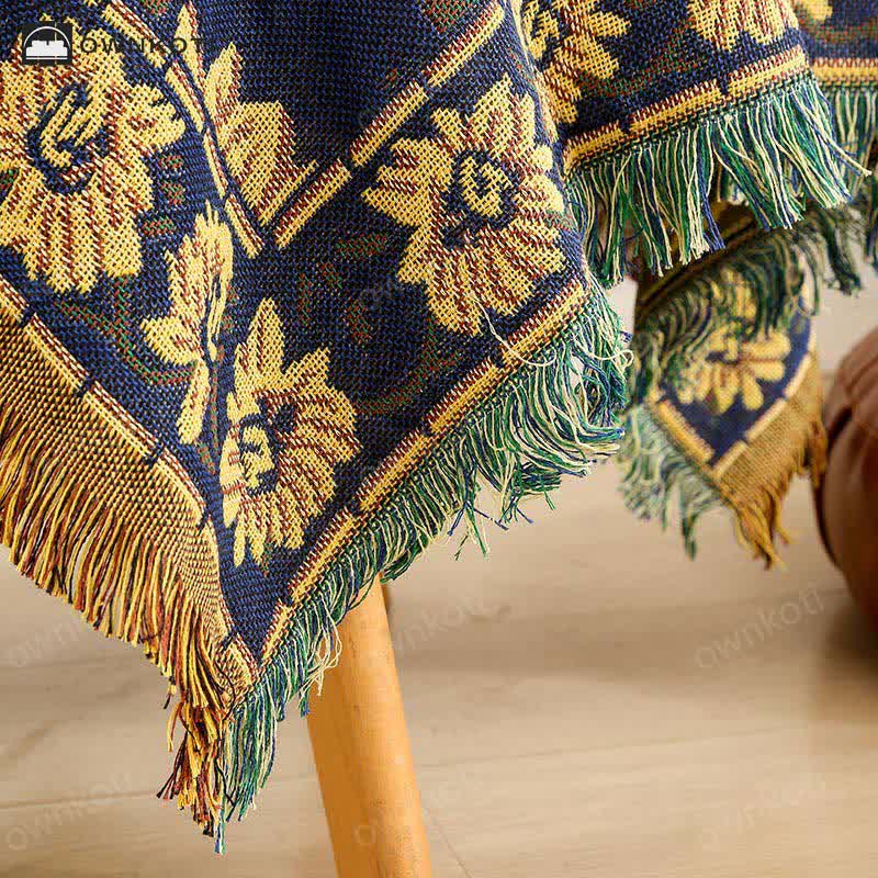 Vintage Jacquard Gerbera Blue Sunflower Tablecloth