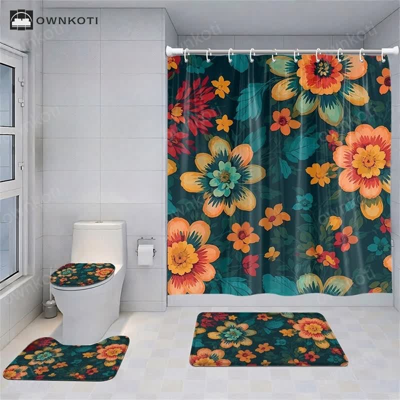 Fresh Plant Print Waterproof Shower Curtain Bath Mat Set