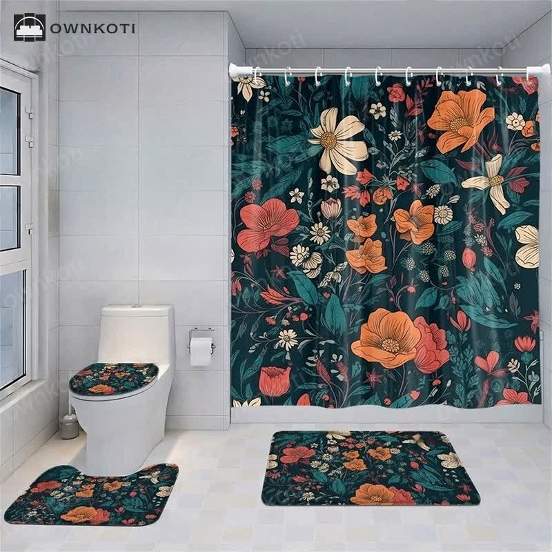 Fresh Plant Print Waterproof Shower Curtain Bath Mat Set