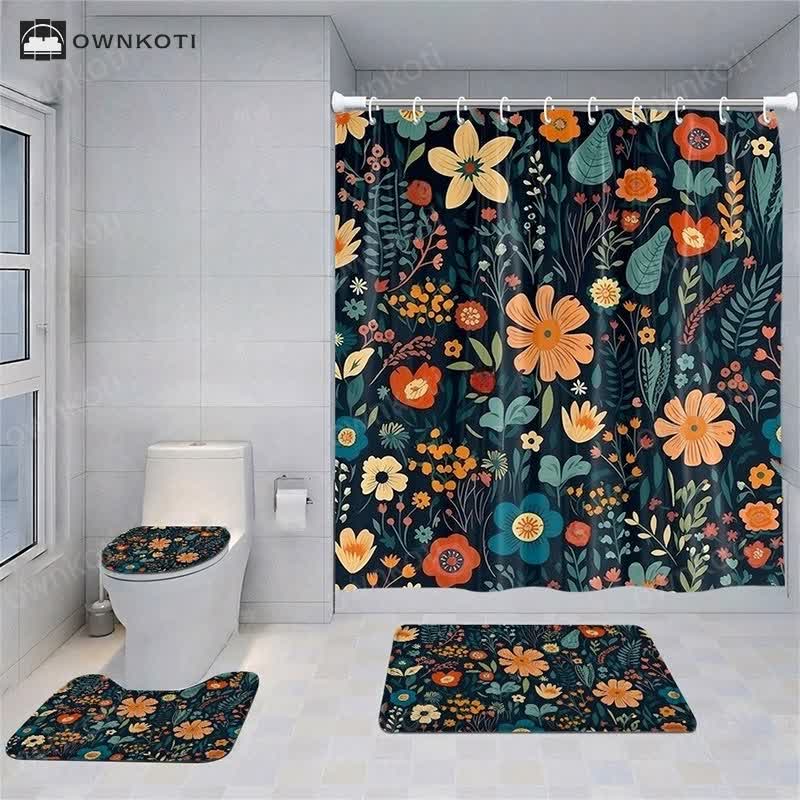 Fresh Plant Print Waterproof Shower Curtain Bath Mat Set