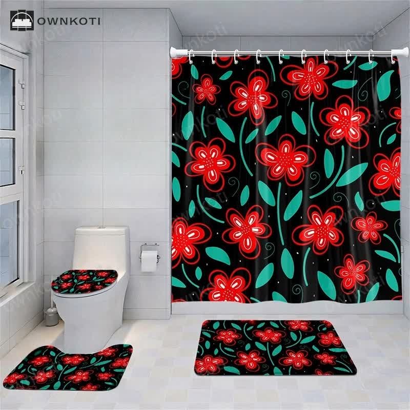 Fresh Plant Print Waterproof Shower Curtain Bath Mat Set