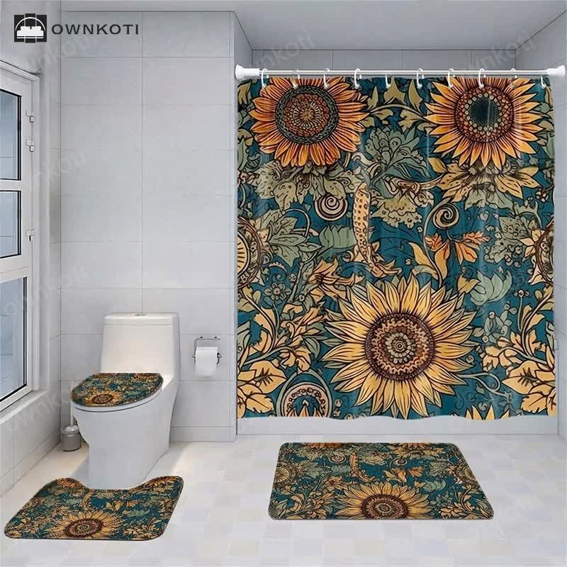 Fresh Plant Print Waterproof Shower Curtain Bath Mat Set