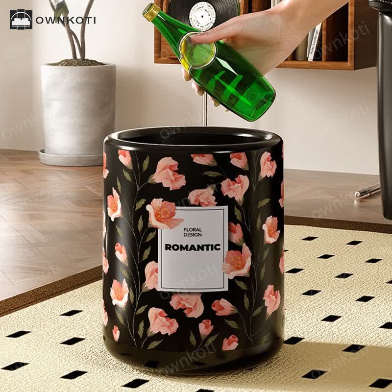 Durable Double Layer Vintage Floral Trash Can
