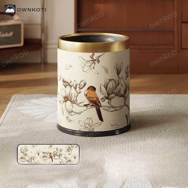 Luxurious Leather Floral Bird Durable Trash Can