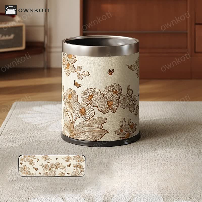 Luxurious Leather Floral Bird Durable Trash Can