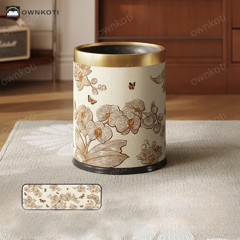 Luxurious Leather Floral Bird Durable Trash Can