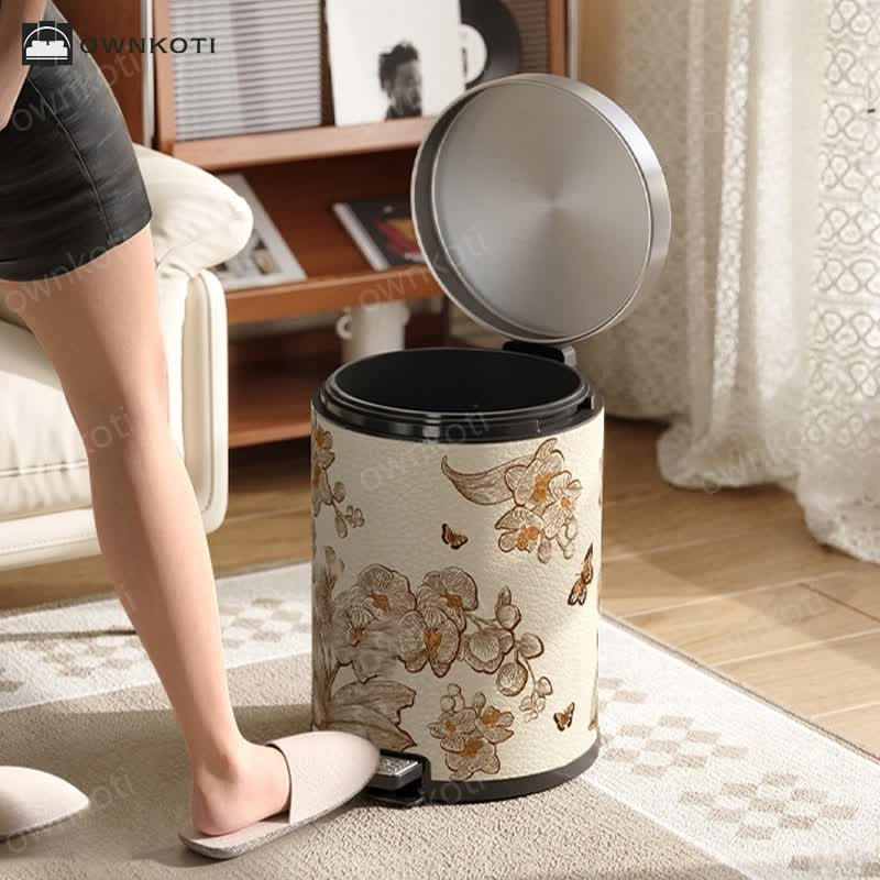 Luxurious Leather Floral Bird Durable Trash Can