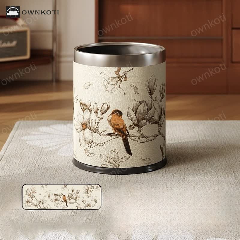Luxurious Leather Floral Bird Durable Trash Can